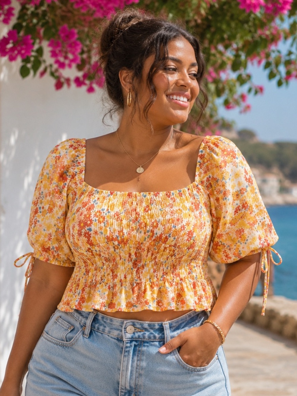 STAUD Floral Smocked Peplum Crop Top M L XL 12 14 16 Yellow Orange